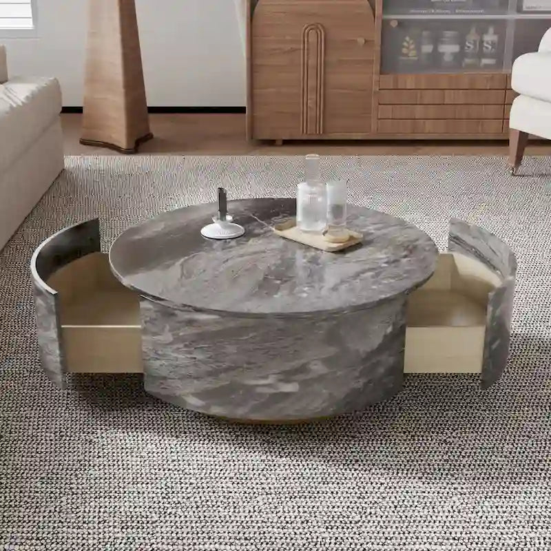 Table basse ronde moderne en similicuir marbre avec 2 tiroirs, entièrement assemblée