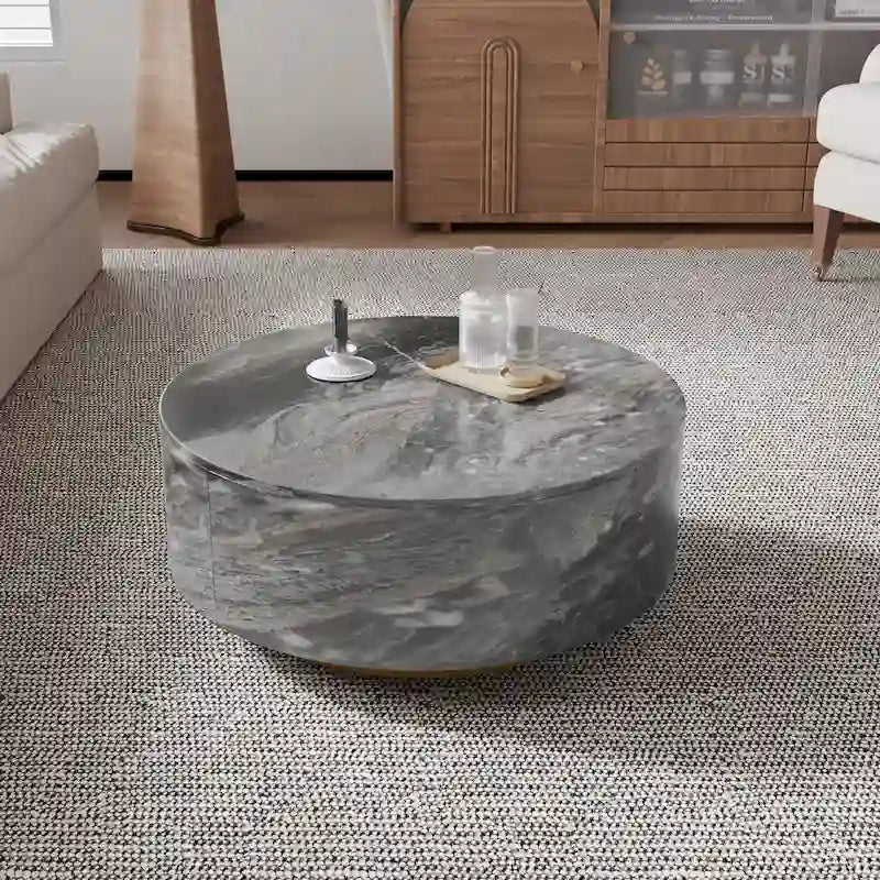 Table basse ronde moderne en similicuir marbre avec 2 tiroirs, entièrement assemblée