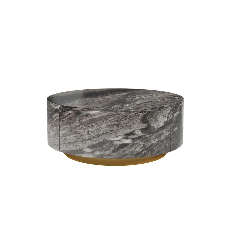 Table basse ronde moderne en similicuir marbre avec 2 tiroirs, entièrement assemblée