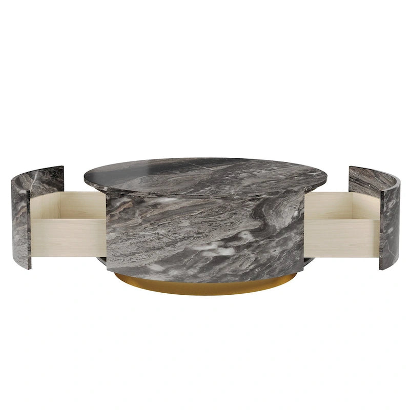 Table basse ronde moderne en similicuir marbre avec 2 tiroirs, entièrement assemblée