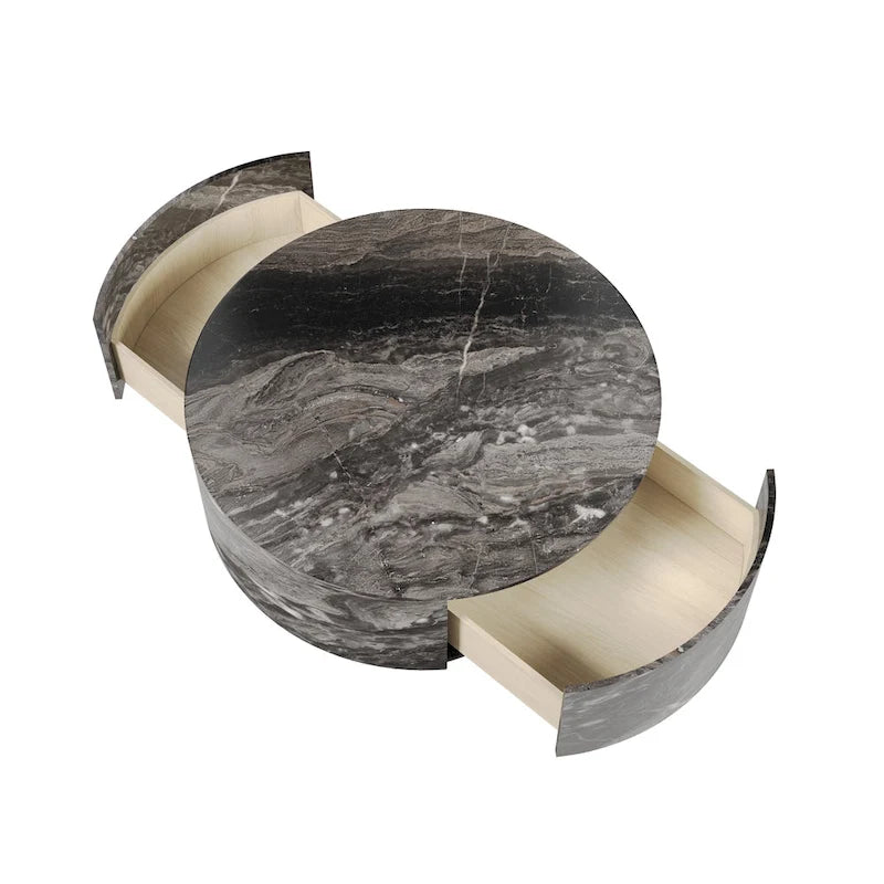 Table basse ronde moderne en similicuir marbre avec 2 tiroirs, entièrement assemblée
