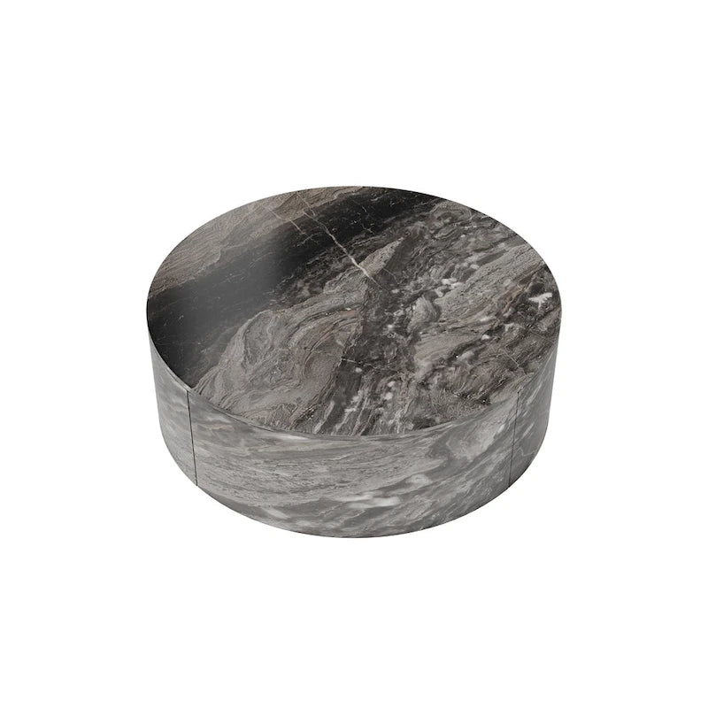 Table basse ronde moderne en similicuir marbre avec 2 tiroirs, entièrement assemblée
