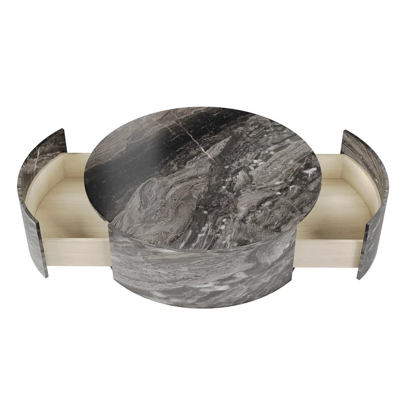 Table basse ronde moderne en similicuir marbre avec 2 tiroirs, entièrement assemblée