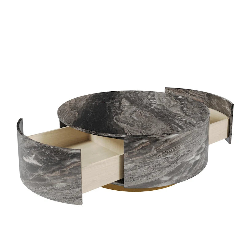 Table basse ronde moderne en similicuir marbre avec 2 tiroirs, entièrement assemblée