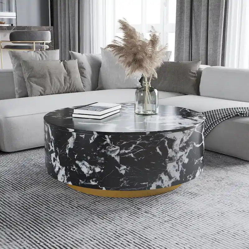 Table basse ronde moderne en similicuir marbre avec 2 tiroirs, entièrement assemblée