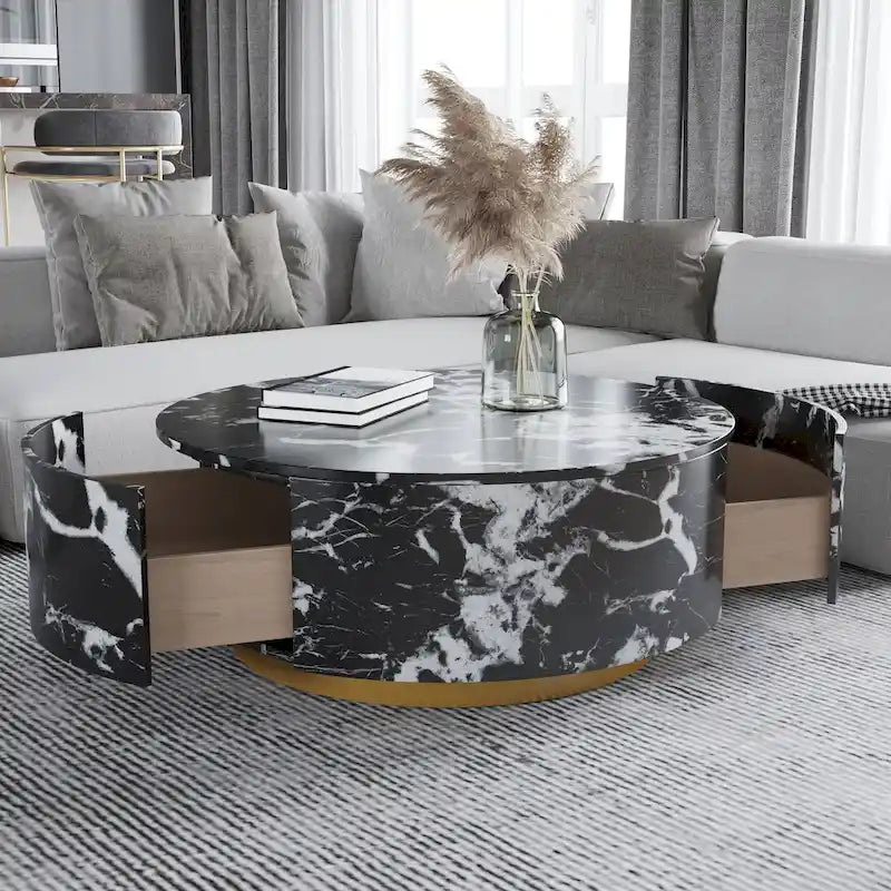 Table basse ronde moderne en similicuir marbre avec 2 tiroirs, entièrement assemblée
