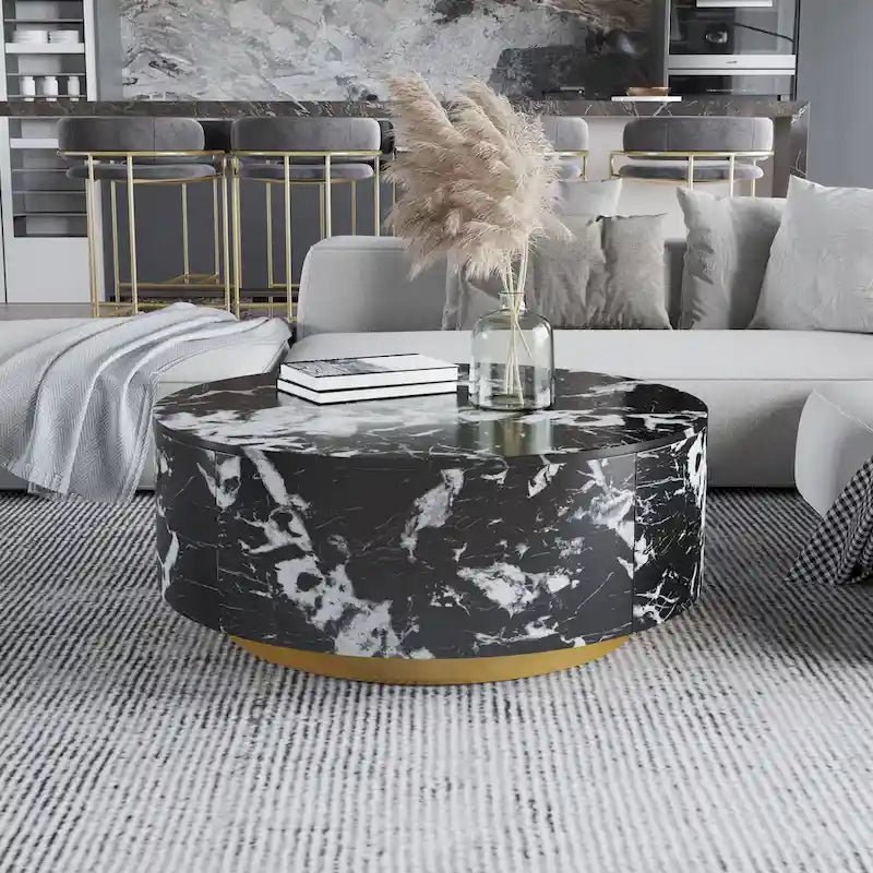 Table basse ronde moderne en similicuir marbre avec 2 tiroirs, entièrement assemblée