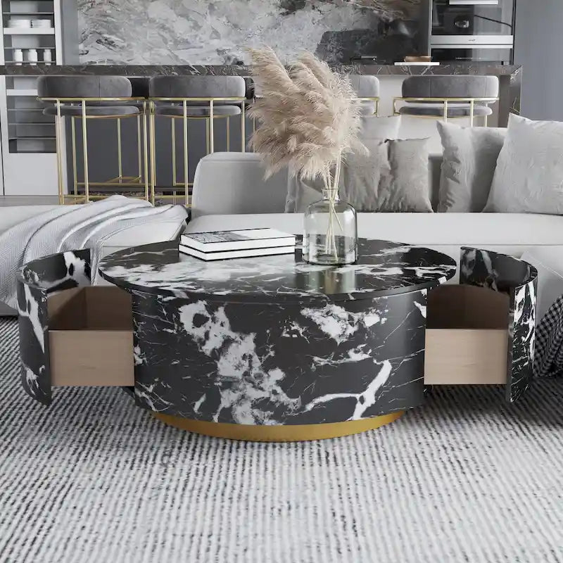 Table basse ronde moderne en similicuir marbre avec 2 tiroirs, entièrement assemblée