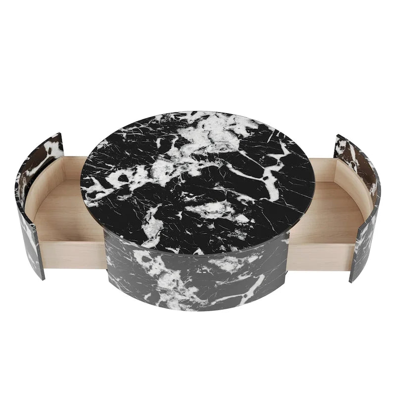 Table basse ronde moderne en similicuir marbre avec 2 tiroirs, entièrement assemblée