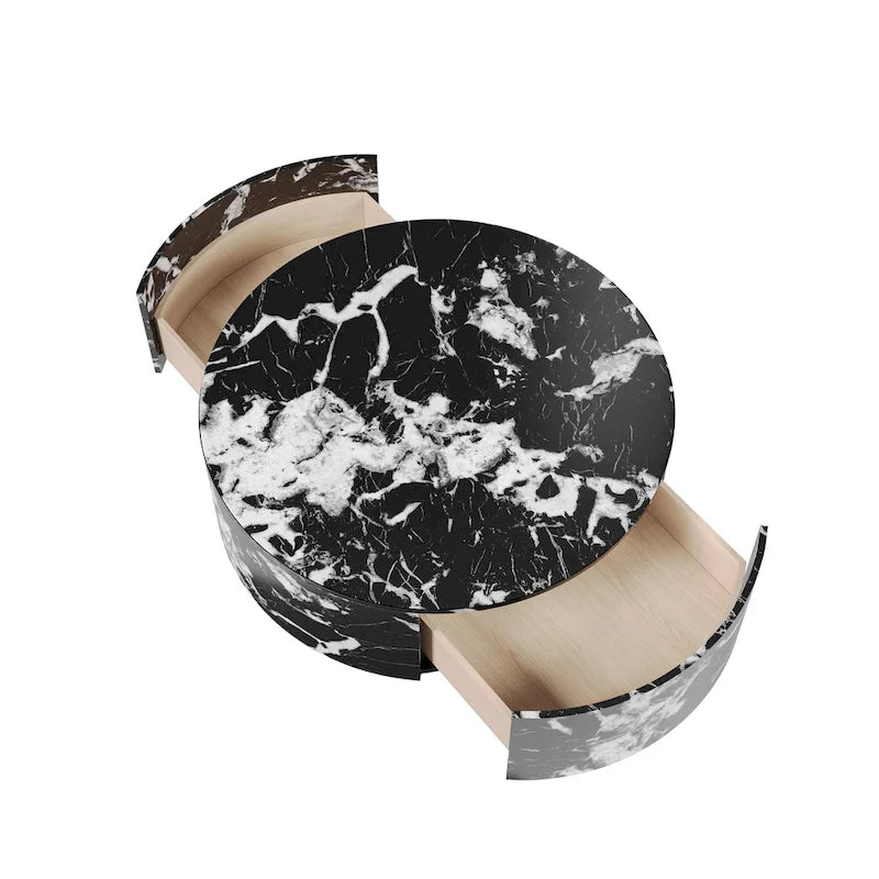 Table basse ronde moderne en similicuir marbre avec 2 tiroirs, entièrement assemblée