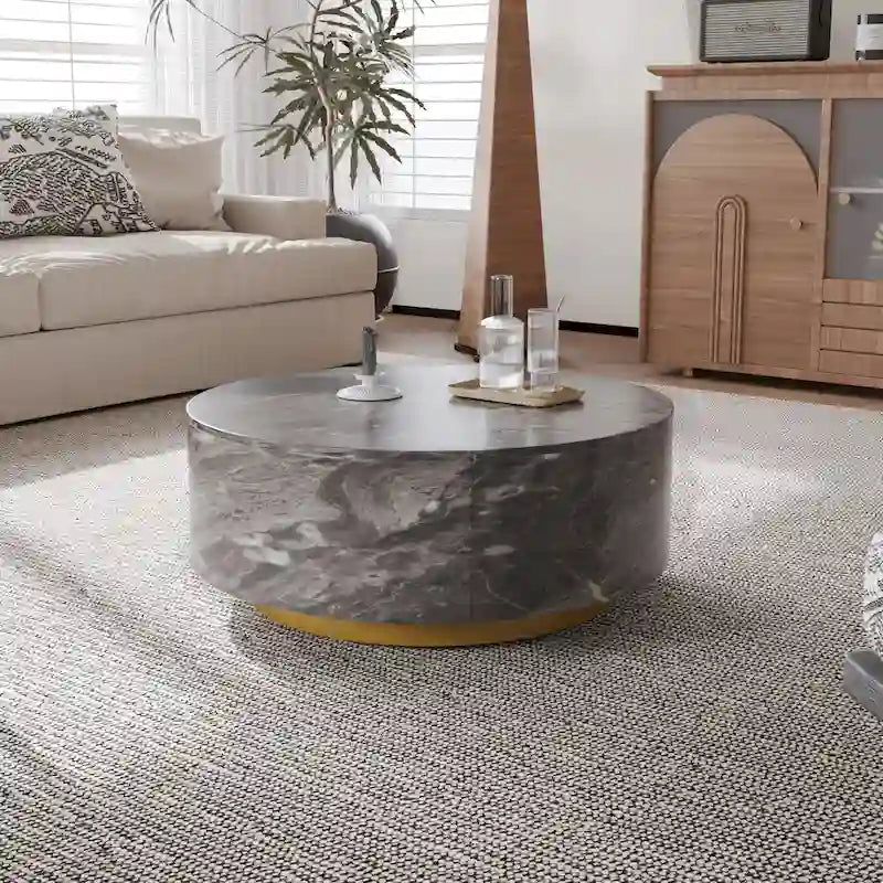 Table basse ronde moderne en similicuir marbre avec 2 tiroirs, entièrement assemblée
