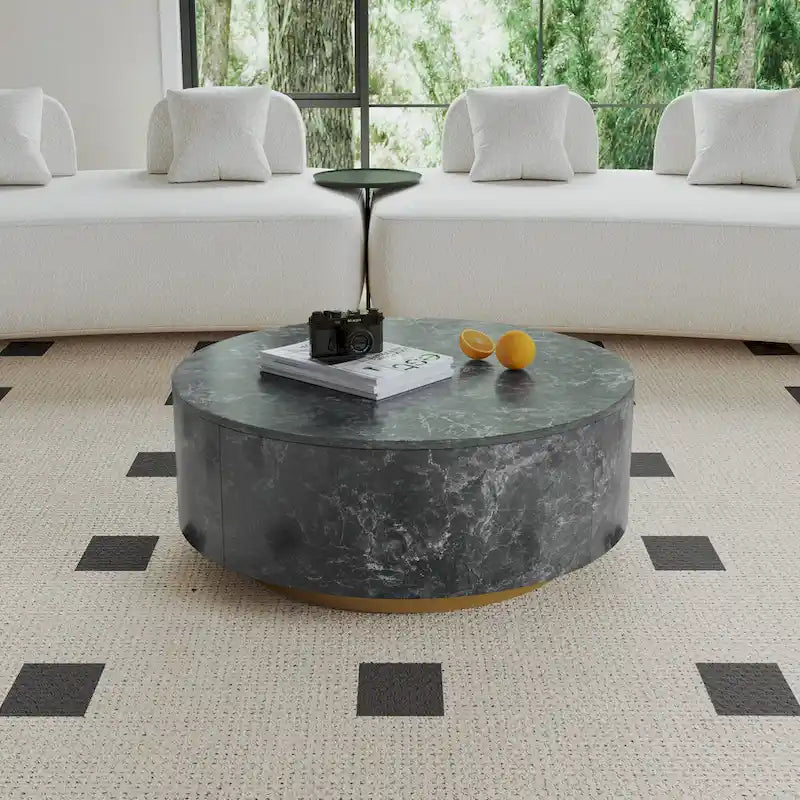 Table basse ronde moderne en similicuir marbre avec 2 tiroirs, entièrement assemblée