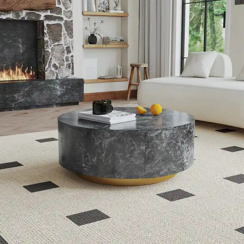 Table basse ronde moderne en similicuir marbre avec 2 tiroirs, entièrement assemblée