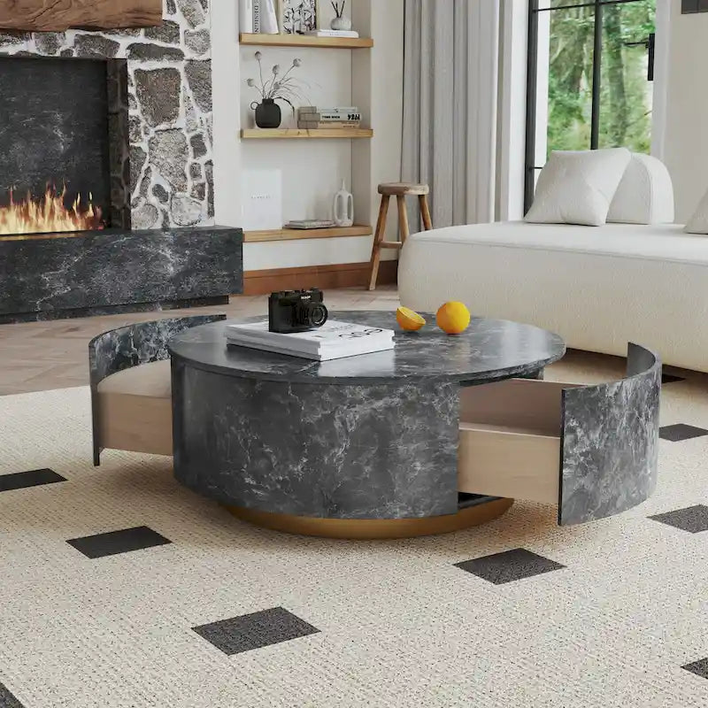 Table basse ronde moderne en similicuir marbre avec 2 tiroirs, entièrement assemblée