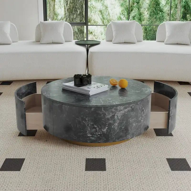 Table basse ronde moderne en similicuir marbre avec 2 tiroirs, entièrement assemblée
