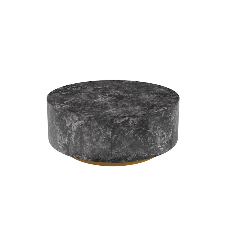 Table basse ronde moderne en similicuir marbre avec 2 tiroirs, entièrement assemblée