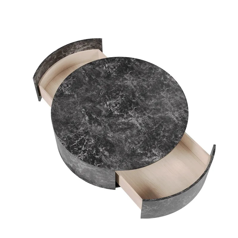 Table basse ronde moderne en similicuir marbre avec 2 tiroirs, entièrement assemblée