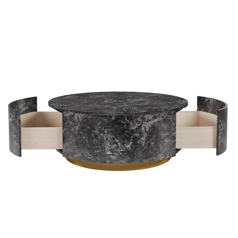 Table basse ronde moderne en similicuir marbre avec 2 tiroirs, entièrement assemblée