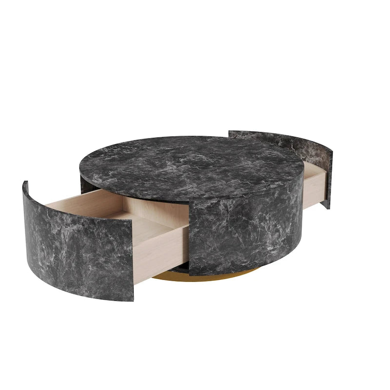 Table basse ronde moderne en similicuir marbre avec 2 tiroirs, entièrement assemblée