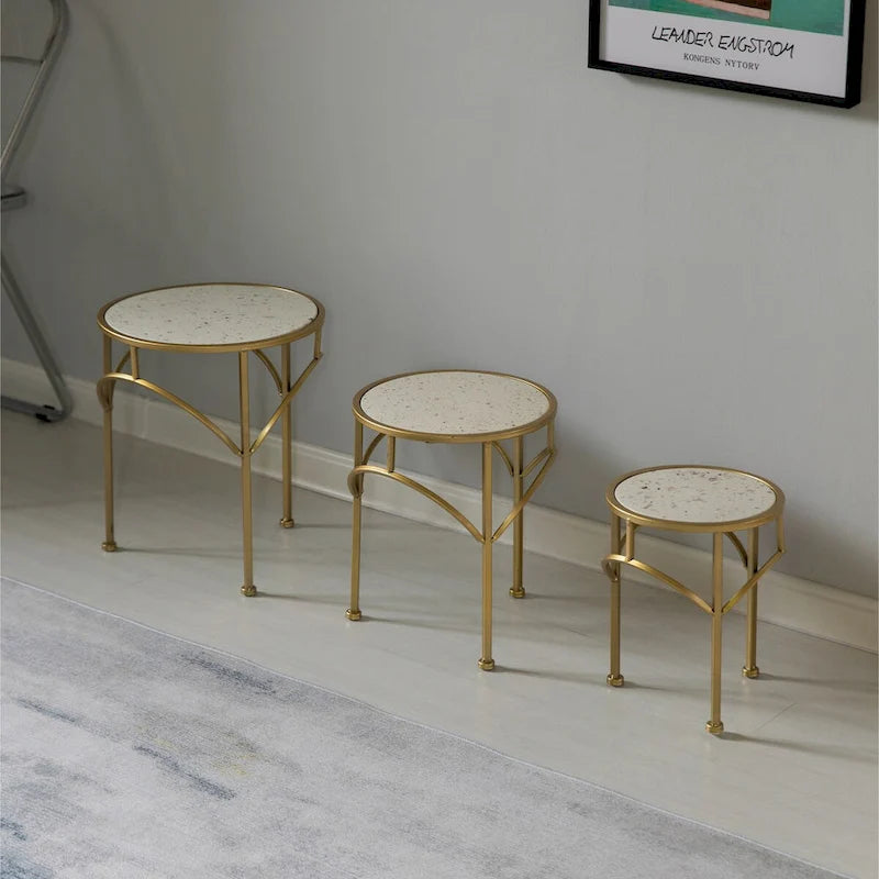 Supporto rotondo decorativo per piante in metallo dorato, tavolo display/tavolino con piano effetto marmo bianco moderno, set di 3 - Set di 3
