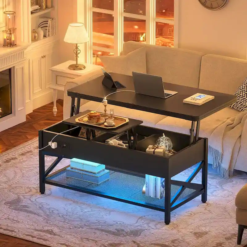 Tavolino da caffè moderno nero espandibile con piano sollevabile, convertibile in tavolo da pranzo, con luce LED e presa di corrente