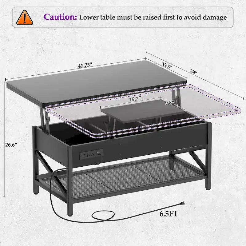 Tavolino da caffè moderno nero espandibile con piano sollevabile, convertibile in tavolo da pranzo, con luce LED e presa di corrente