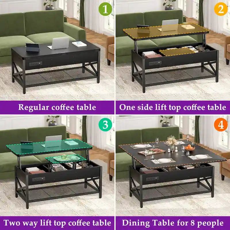 Tavolino da caffè moderno nero espandibile con piano sollevabile, convertibile in tavolo da pranzo, con luce LED e presa di corrente