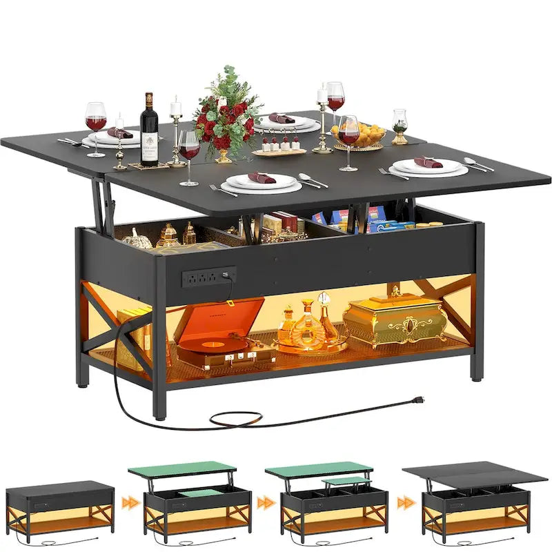Tavolino da caffè moderno nero espandibile con piano sollevabile, convertibile in tavolo da pranzo, con luce LED e presa di corrente