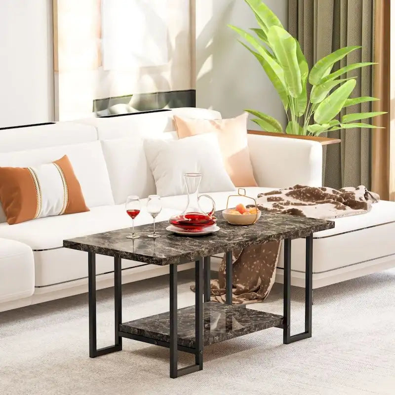 Table basse à 2 niveaux Mieres 39" de large avec plateau en faux marbre et cadre en acier