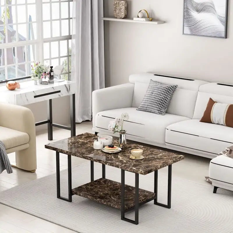 Table basse à 2 niveaux Mieres 39" de large avec plateau en faux marbre et cadre en acier