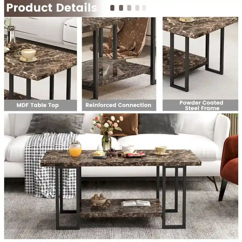 Table basse à 2 niveaux Mieres 39" de large avec plateau en faux marbre et cadre en acier