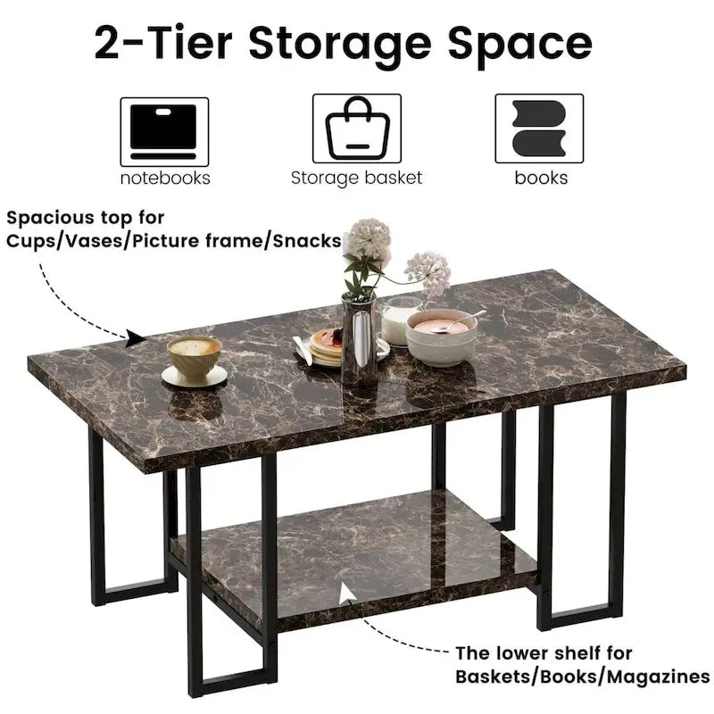 Table basse à 2 niveaux Mieres 39" de large avec plateau en faux marbre et cadre en acier