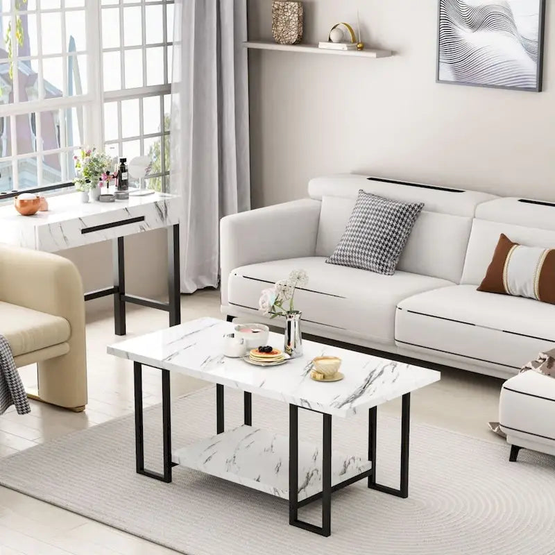 Table basse à 2 niveaux Mieres 39" de large avec plateau en faux marbre et cadre en acier