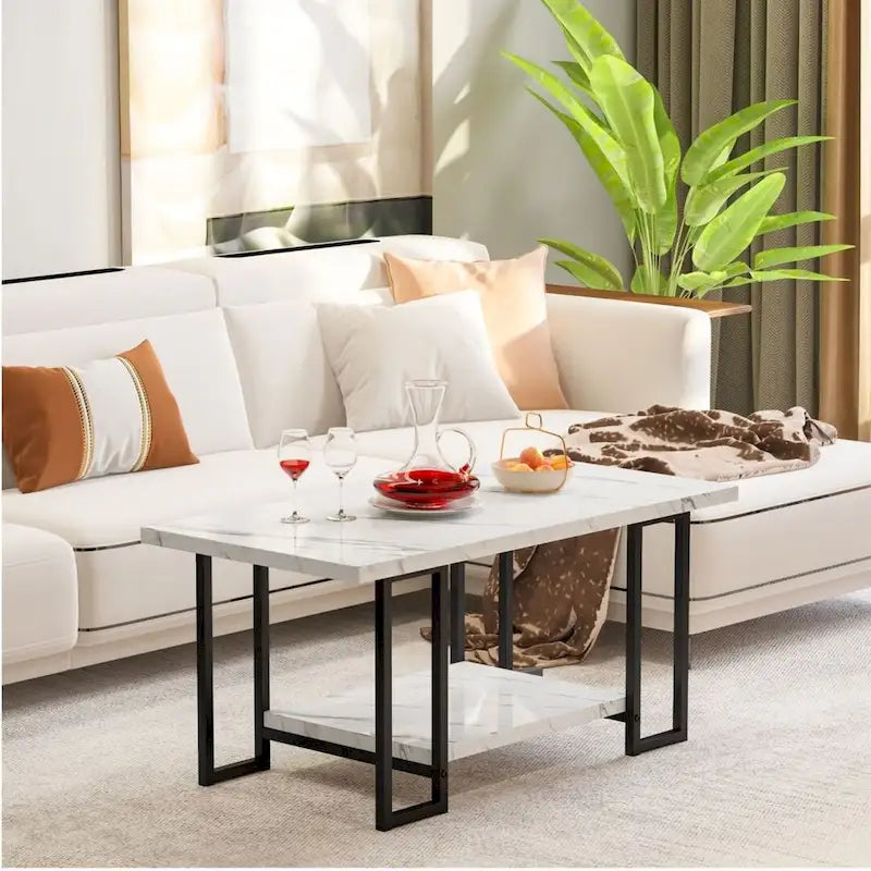 Table basse à 2 niveaux Mieres 39" de large avec plateau en faux marbre et cadre en acier