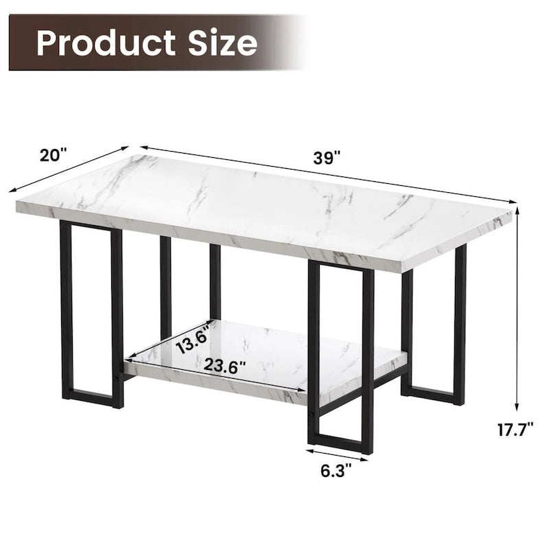 Table basse à 2 niveaux Mieres 39" de large avec plateau en faux marbre et cadre en acier