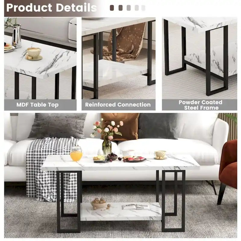 Table basse à 2 niveaux Mieres 39" de large avec plateau en faux marbre et cadre en acier