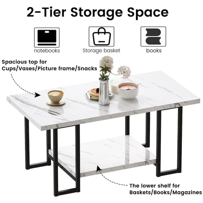 Table basse à 2 niveaux Mieres 39" de large avec plateau en faux marbre et cadre en acier