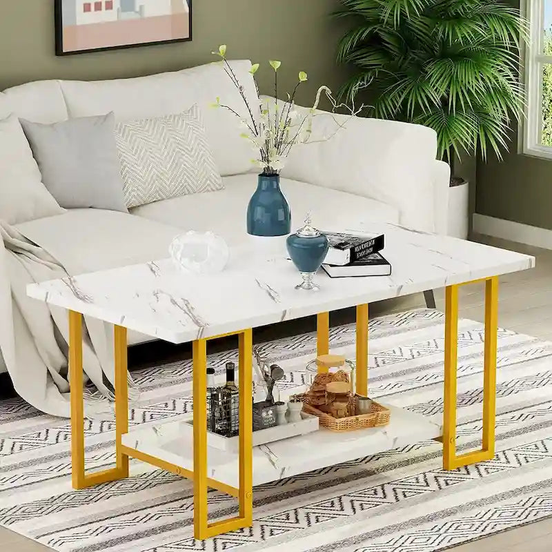 Table basse à 2 niveaux Mieres 39" de large avec plateau en faux marbre et cadre en acier