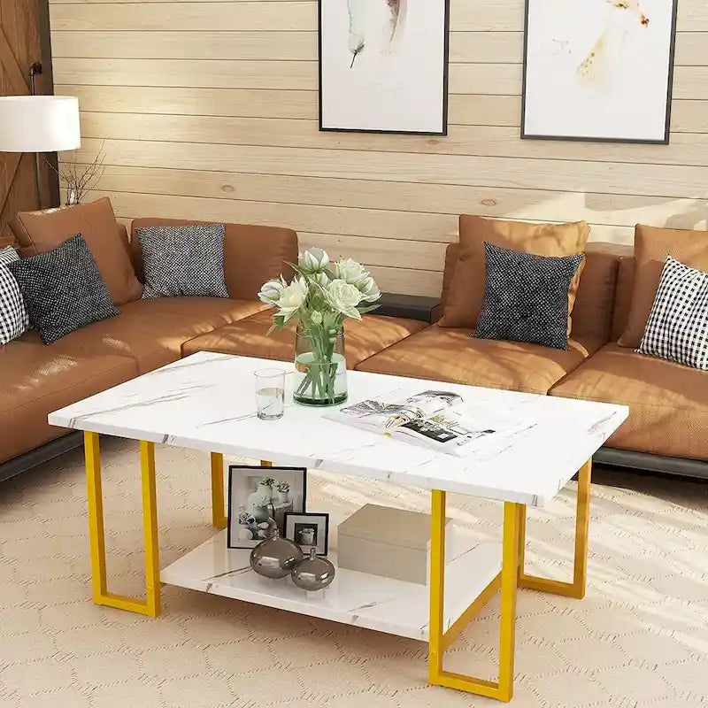 Table basse à 2 niveaux Mieres 39" de large avec plateau en faux marbre et cadre en acier
