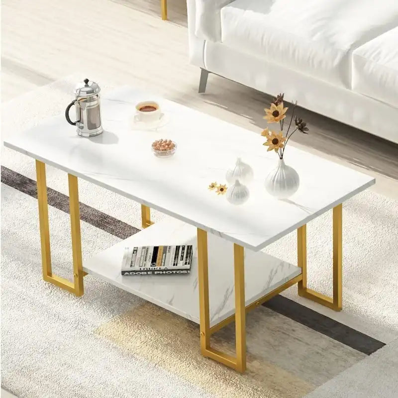 Table basse à 2 niveaux Mieres 39" de large avec plateau en faux marbre et cadre en acier