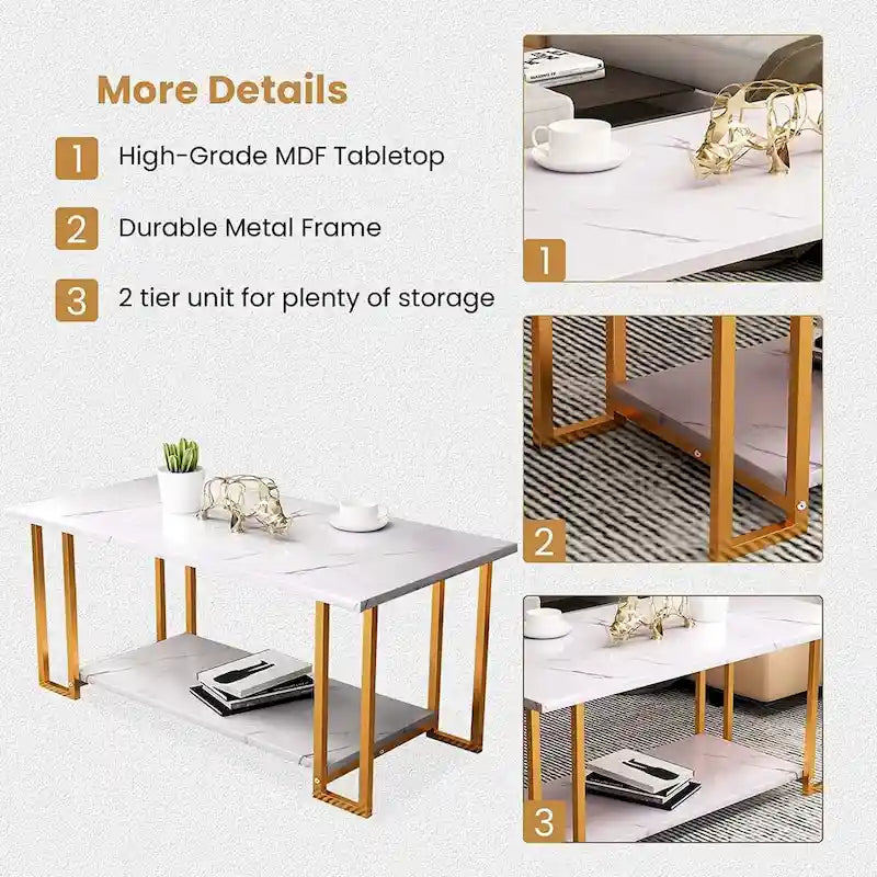 Table basse à 2 niveaux Mieres 39" de large avec plateau en faux marbre et cadre en acier