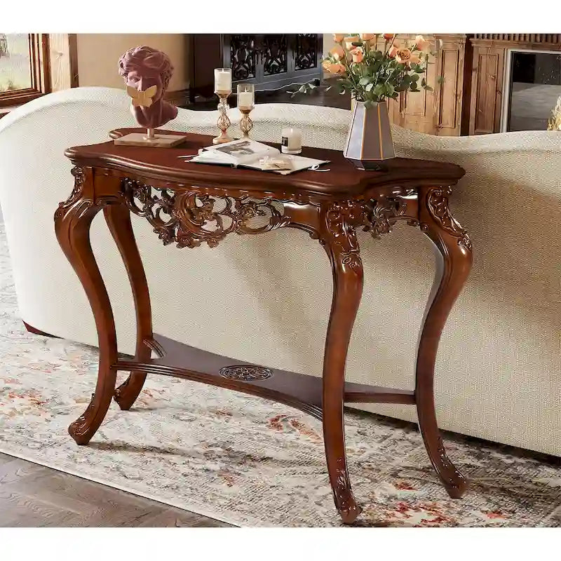 Console in stile classico a due ripiani intagliata per ingresso/soggiorno