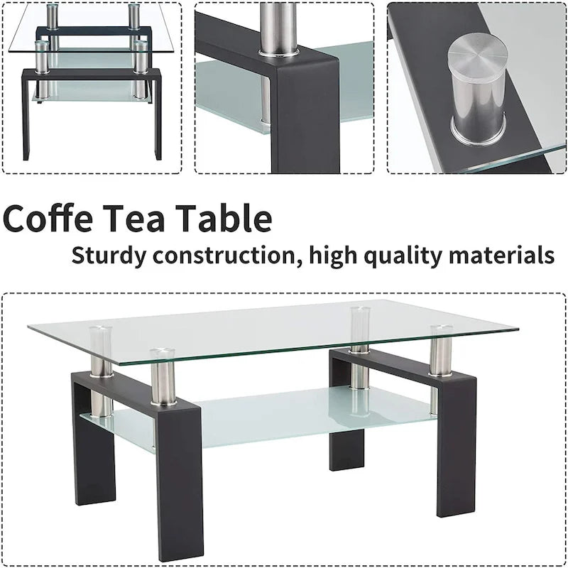 Tavolino da Caffè Rettangolare con Piano in Vetro e Ripiano Inferiore