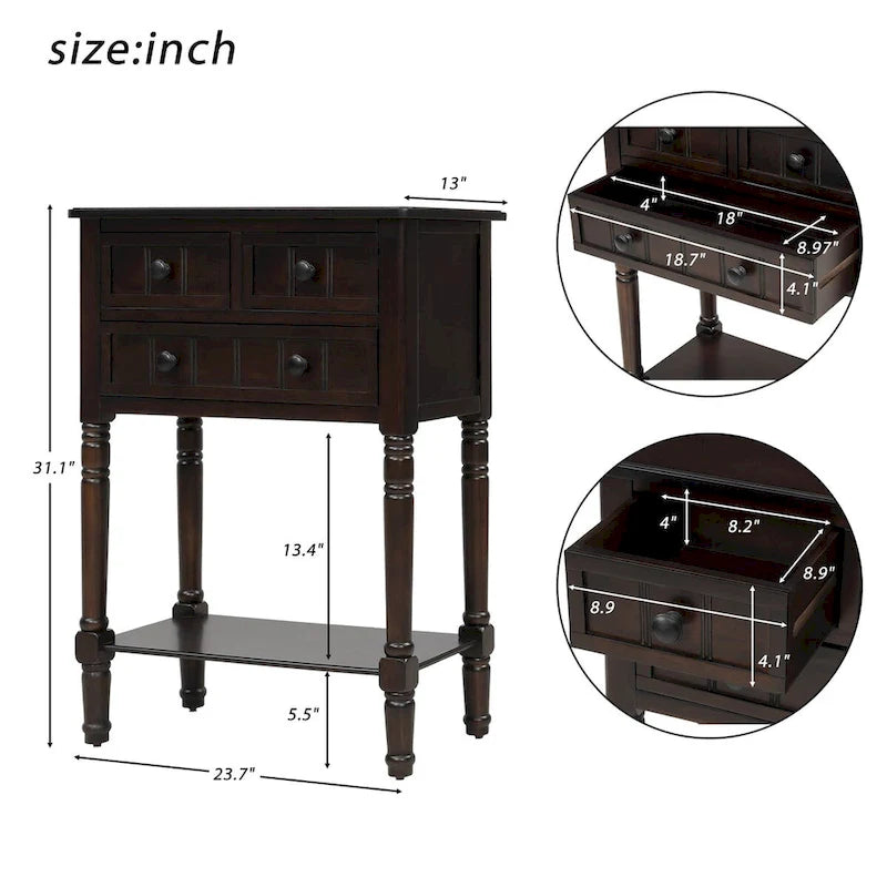 Tavolo Consolle/Tavolino da Divano Stretto e Sottile Esspreso con 3 Cassetti e 1 Ripiano Inferiore - 60.2L x 33W x 79H cm
