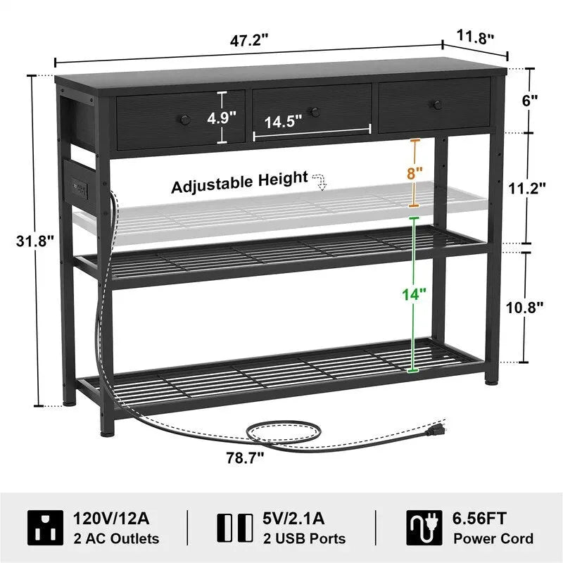 Tavolo da ingresso da 47" con prese e porte USB - 11,8P x 47,2L x 31,8A