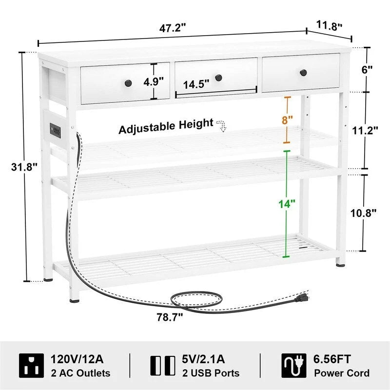 Tavolo da ingresso da 47" con prese e porte USB - 11,8P x 47,2L x 31,8A