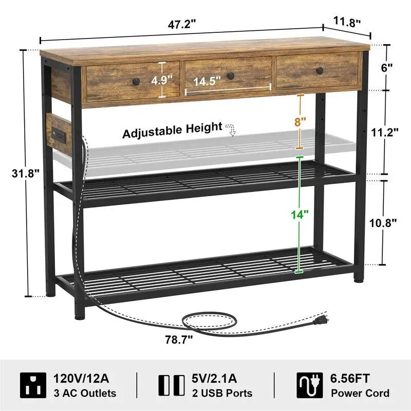 Tavolo da ingresso da 47" con prese e porte USB - 11,8P x 47,2L x 31,8A