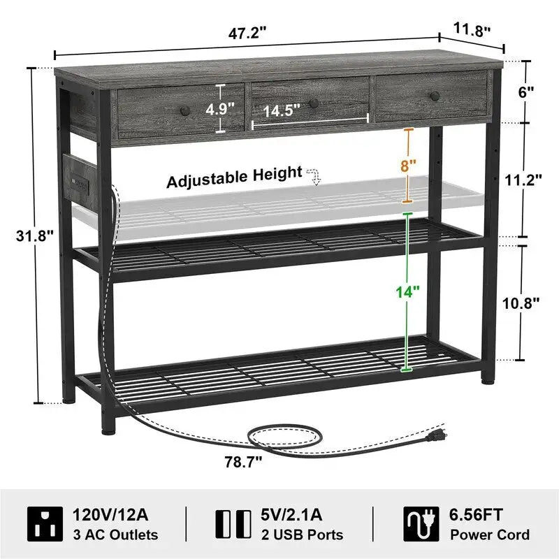 Tavolo da ingresso da 47" con prese e porte USB - 11,8P x 47,2L x 31,8A