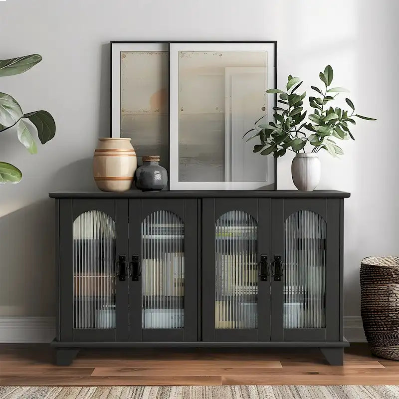 Mobile TV con ante in vetro ad arco e vani portaoggetti, 114 cm L x 66 cm H