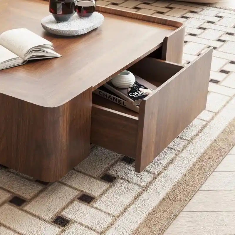 Tavolino da caffè industriale in noce con cassetti a scomparsa - 100x100x32 cm
